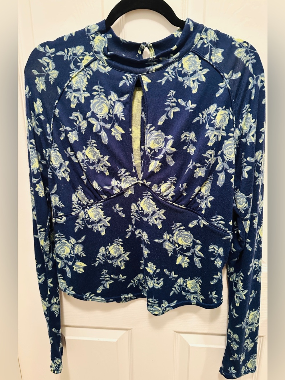 Free People Navy Floral Keyhole Long-Sleeve Top